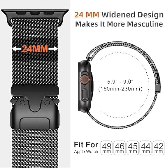 Image of GETSABLE Stainless Steel Mesh Loop Strap with Parachute-style Buckle Compatible with iwatch ultra 3 /2 /1 band 49mm, Series 11 /10 46mm, 9 /8 /7 45mm, SE2 /SE /6 /5 /4 44mm (Black)