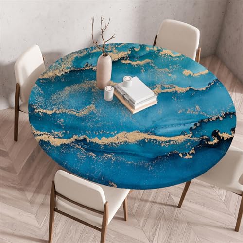 Muiuou Waterproof Elastic Fitted Round Tablecloth,Marble Printing Reusable Waterproof Oil-Proof Edged Protector Round Tablecloth,for Fitted Kitchen Restaurant Picnic (Diameter 80cm,Marble 16)