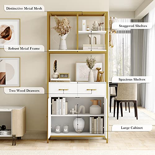 Hithos 71" Tall Bookshelf, Modern White And Gold Bookcase, Book Shelves With Drawers And Storage Cabinet, Metal Etagere Bookcase Display Shelves For Home Office, Gold/White #TOP5