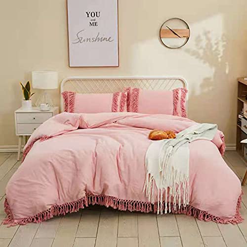 Softta Ruffle Bedding Full Duvet Cover 3 Pcs Bohemian Duvet Covers Tassel Girls Bedding 100% Washed Cotton Pink With Zipper Ties #TOP5