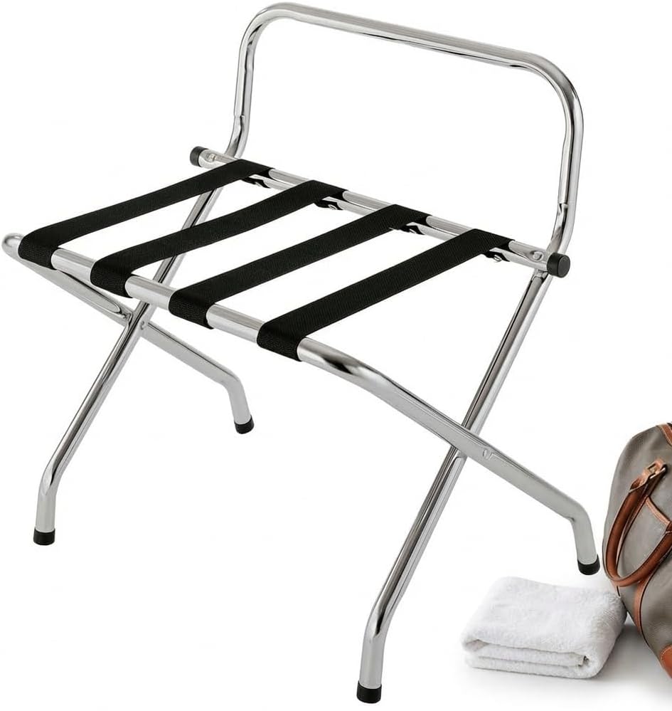 USTECH Luggage Rack-Single Tier with High Back, Chrome, Fully Asssembled, Foldable Rack for Guest Room