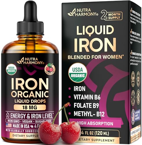 Liquid Iron Supplement for Women 18 mg - USDA Organic Drops - with Folate Vitamin B12 & B6 - Iron Level & Energy Support - Gentle & High Absorption Glycinate Form - Cherry Flavor Sugar-Free 4 fl oz