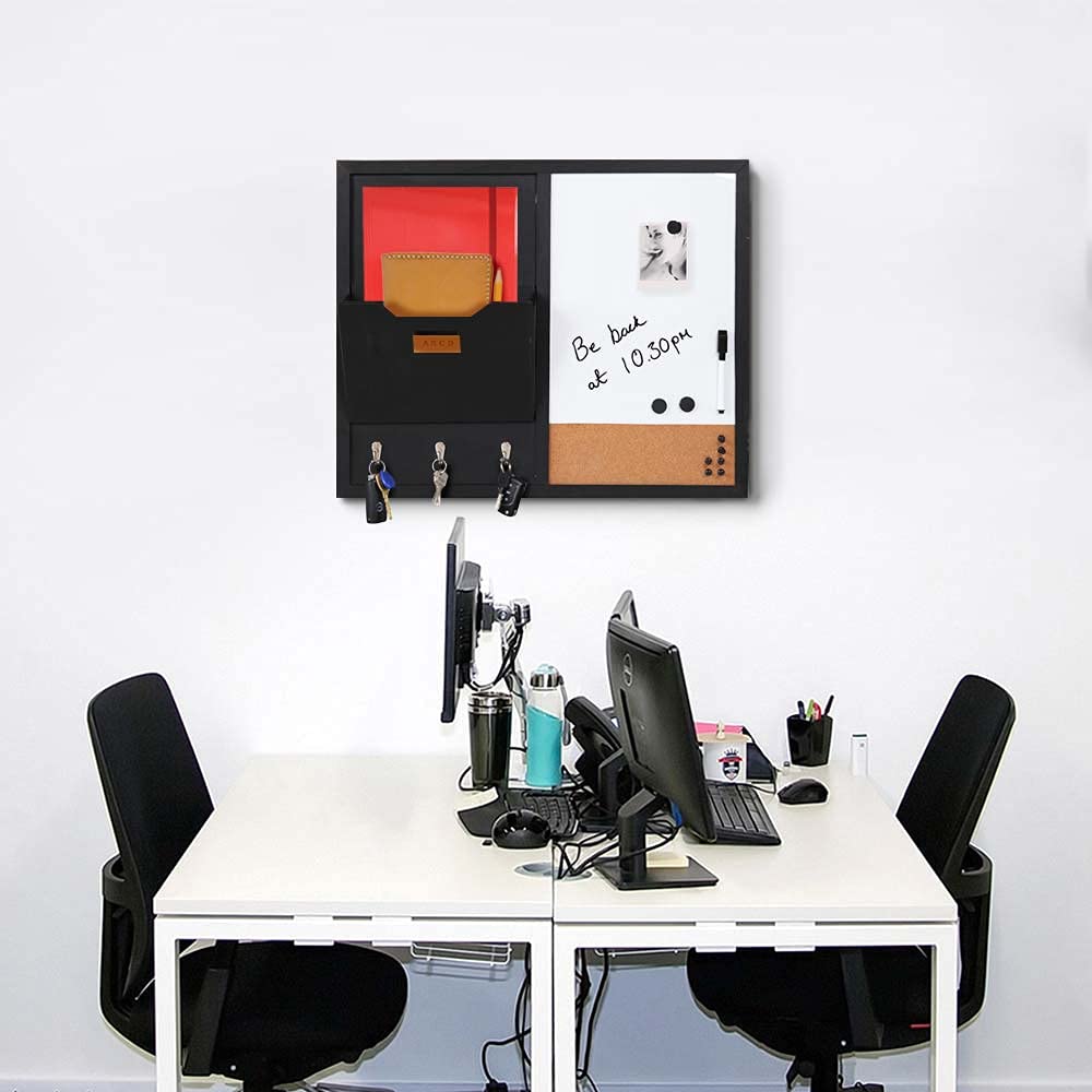 BAKAJI Tablica magnetyczna z tablicą ogłoszeń Memo Cork Combined 60x40 cm drewniana ramka z schowkiem na dokumenty 3 haczyki brelok marker magnesy i 6 szt. nowoczesny design dom biuro