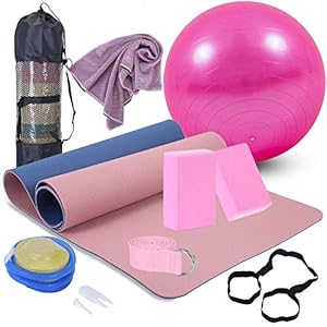 AJIEVWU Yoga Beginners Kit Yoga Blocks 2 Pack Yoga Strap Yoga Ball Yoga Mat with Carrying Strap Net Bag Sports Cooling Towel,Yoga Mat Kits and Sets for Beginners 11-Piece Yoga Starter Kit for Women
