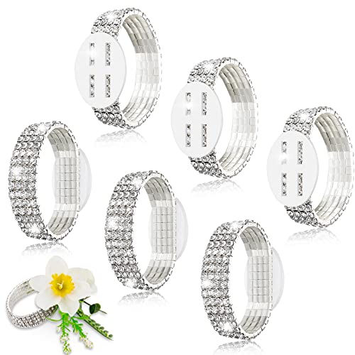 Junkin 6 Packs Corsage Bracelet Wrist Corsage Rhinestone Elastic DIY Wrist Rhinestone Bracelet Accessories for Wedding Decor Prom Ceremony Anniversary Bridal Shower Party(Silver)