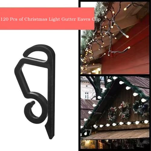 PINNKL 120 Stück Weihnacht Licht Clips, Dachrinnenhaken für Lichterketten, Schwarz, Polypropylen (PP), Guttermontagehaken für Lichterketten