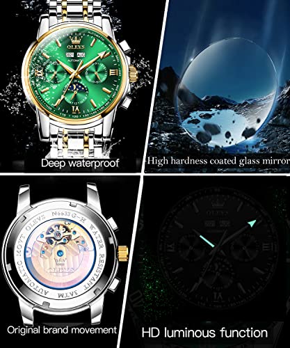 Image of OLEVS Analog Men Green Dial Gold Band Watches Automatic,Two Tone Stainless Steel Watch,Day Date Mechanical,Waterproof Swiss Wrist Watch ,OLEVS Self Winding Luminous Business Large Tourbillon Watch