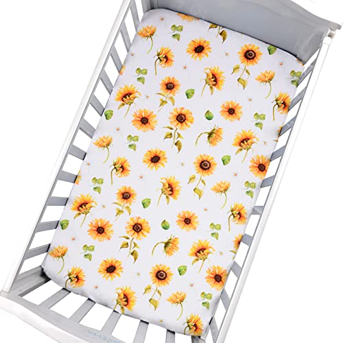 Image of JISEN Baby Crib Sheet 1 Piece Portable Fitted Crib Sheet for Standard Crib and Toddler Mattresses Nursery Bed Decor for Boys Girls 28x52 Inch Sunflowers