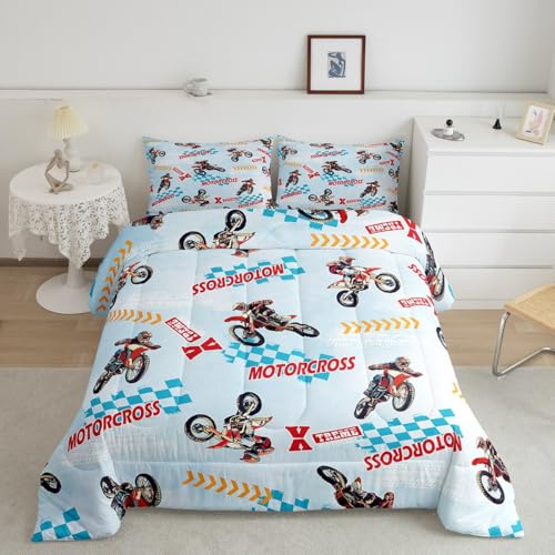 Image of Feelyou Kids Dirt Bike Bedding Set Queen Size, Motocross Duvet Insert Extreme Sports Comforter Set Boys Girls Teens Bedroom Decor with 2 Pillow Case