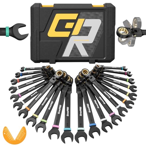 Image of GRENPRO Ratchet Wrenches Set, 23PCS Flex Head Ratcheting Wrench Set Metric and Standard & SAE with Color Ring, 6-18mm & 1 /4 inch-3 /4 inch, Mechanics Tool Box Organizer, Large Open End Combination Wrench Sets