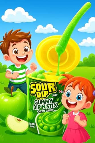 Image of CandiExotics Sour Dip Gummy Dip'N Stix - Green Apple Flavour | Chewy Candy with Liquid Dipping Sugar | 100% Vegan - 96