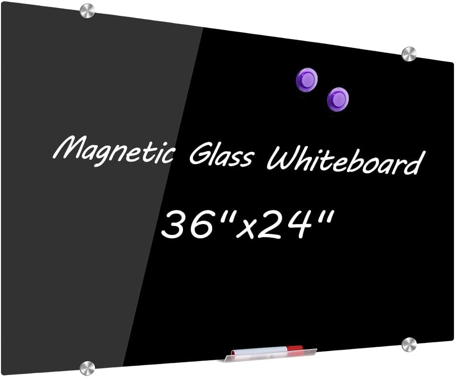 DEVELOP Magnetic Black Glass Dry Erase Board, 90 x 60 cm, Modern Tempered Glass Whiteboard for Wall, Frameless White Board with Marker Tray, 4 Markers, 2 Magnets, 1 Eraser Black 36x24 inch