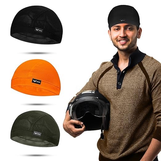 XTRIM Unisex Helmet Skull Cap for Bikers & Cyclists, Cotton Head Cap, Hair Inner Helmet Cap for Men, Sweat Cooling Beanie Cap for Men for Women, Skull Mask for Bike (Pack of 3, Black, Orange & Khaki)