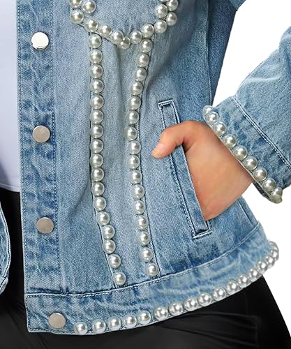 Hybrid & Company Women's Denim Jacket Embroidered Pearls Beading Jeans Jacket Coat With Pockets4