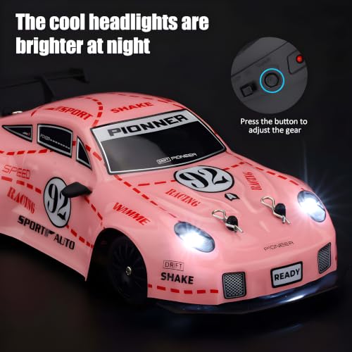 Image of Cable World RC Drift Car for Kids, 2.4GHz Remote Control Car, 4WD Dual Motor, Unbreakable PVC Body, High Speed, 80+ Feet Range, LED Lights, Rechargeable Battery, Extra Drift & Racing Tyres - Pink