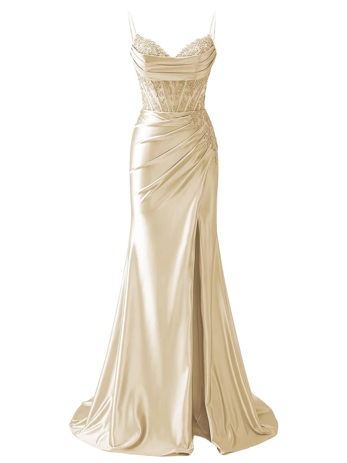 Hppee Women's Champagne Satin Prom Dresses For With Lace Applique V Neck Long Ball Gown Formal Evening Dress Uk6