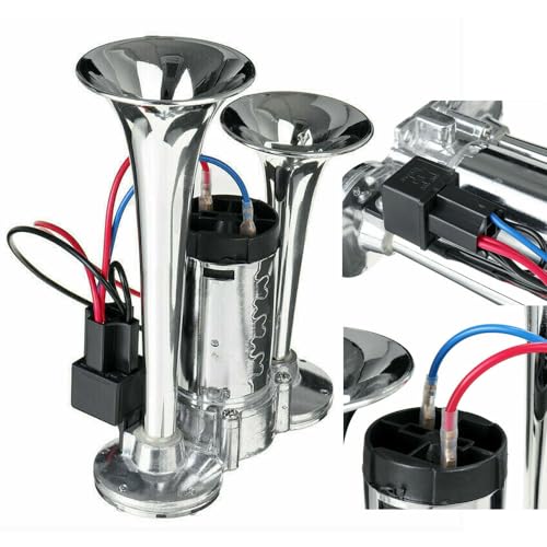 150DB Air Train Horn kit, 12V Super Loud Car Air Horn Kit win Tone Chrome Plated Zinc Dual Trumpet with Compressor for Any 12V Trucks Lorrys Trains Vans Boats