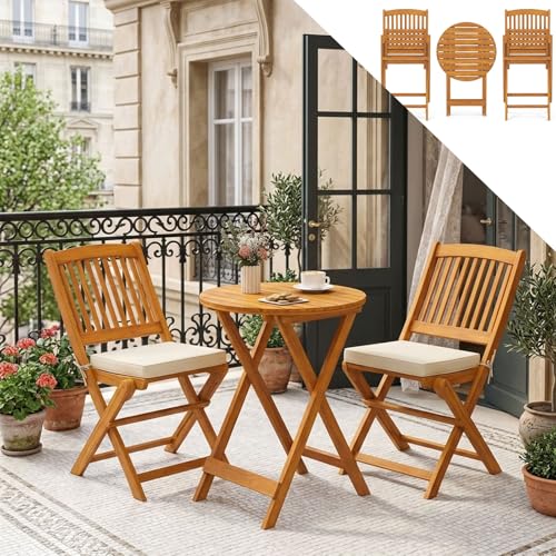 GOPLUS Salon de Jardin Exterieur 2 Personnes, Table Bistrot en Bois Acacia avec 2 Chaises 2 Coussins Amovibles, 3PCS Table Balcon 2 Places Pliante pour Terrasse, Cours...