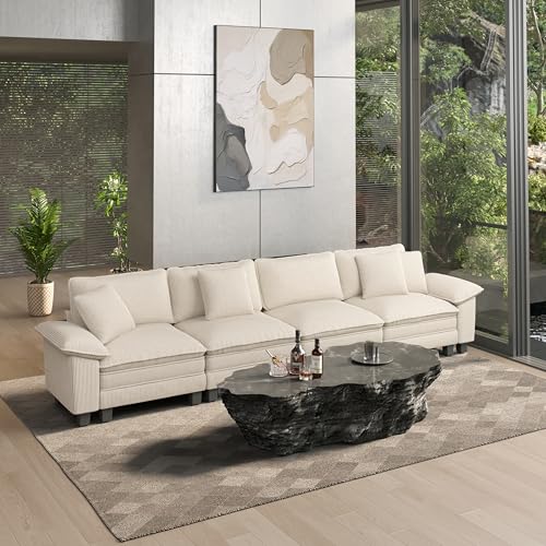 Image of HERA'S HOUSE 158 inch Oversized Modular Sectional Straight Sofa, Corduroy Beige | 4-Seater Living Room Couches, Wider Armrest and Deep Seat, Comfy Cloud Couch with Ottoman, Wood Sturdy Frame