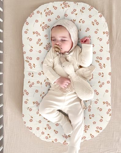 Image of Muslin Baby Lounger Cover 2 Pack, Soft Breathable Newborn Lounger Pillow Cover for Boys Girls Infant (Flower E & Pink)