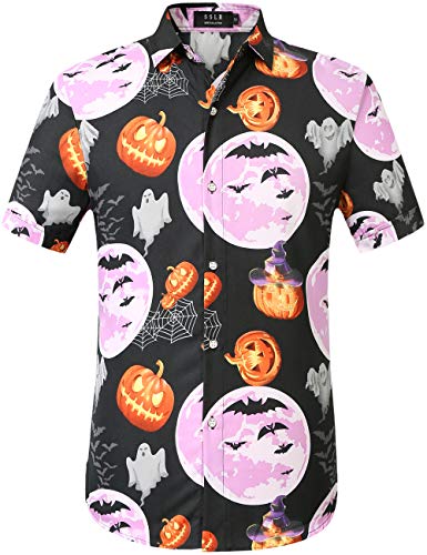 SSLR Men's Fun Pumpkins Button Down Short Sleeve Halloween Shirt(Large, Black(290))