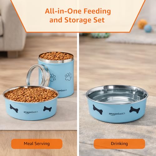 Image of Amazon Basics Stainless Steel Pet Feeding Bowls for Dog & Cats | 3 Pcs Set | Anti Slip Base | Canister & Heavy Dish Outside Blue Color with Printing | Canister 1000 ml & Heavy Dish 900 ml & 1800 ml