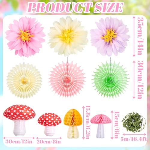 Image of 17PCS Fairy Birthday Party Decorations Set Fairy Themed Red Green Purple Pink Paper Mushroom Lantern Decor for Girls Birthday Decor Spring Tea Party Baby Shower