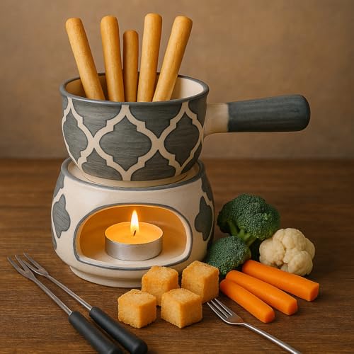 Image of Ceramic Fondue Set (1 Piece of Fondue Set, 2 Tea Light Candle), Capacity 180 ml, Grey
