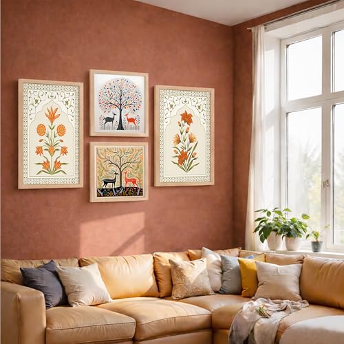 Image of NoWorries Ethnic Indian Wall Art Frame Set of 4 | Folk Art Painting Wall Decor Frames | HD Printed Wooden Frame Artwork for Living Room Bedroom Hall Office Home Decoration