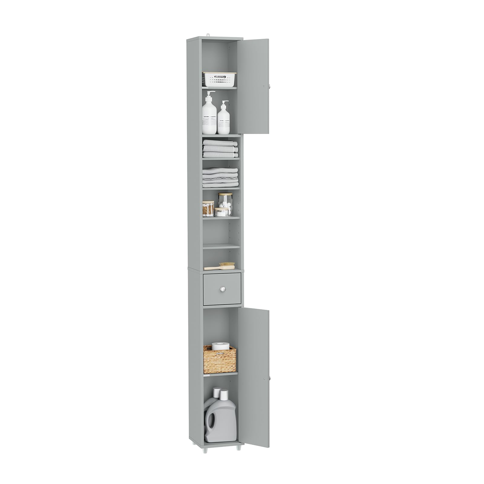 SoBuy Badezimmerschrank Hochschrank Schmal Badschrank für kleine Bäder mit verstellbaren Einlegeböden Platzsparender Badezimmer Schrank für Waschbecken, WC, Waschmaschine 20x20x180cm Grau BZR34-II-HG