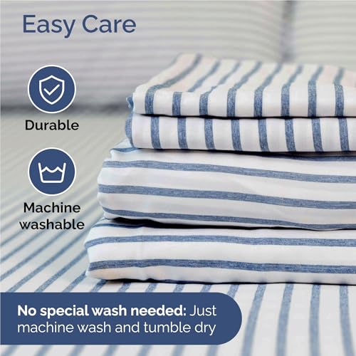 Image of Full 6 Piece Bed Sheet Set - Breathable & Cooling Sheets - Blue Stripes