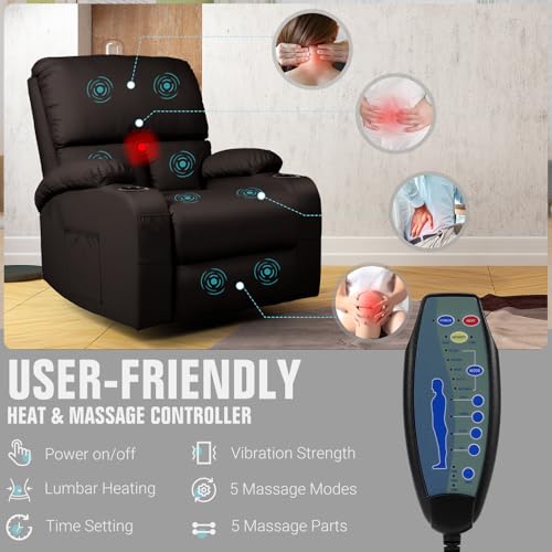 Image of LEVELEVE Rocking Recliner Chair, Massage Rocker Recliner Chair with Vibration Massage and Heat, USB and Type-C Ports, 360 Swivel Recliner Chairs, Living Room, Bedroom, Nursery, RV, Brown