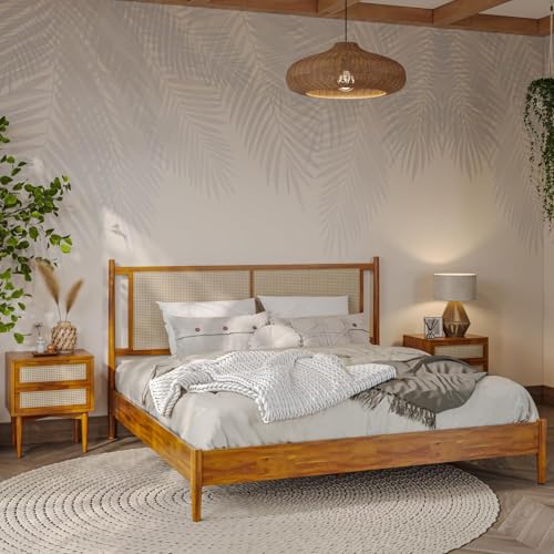 Image of Bme Oliver King Bed Frame and Headboard - 15-Inch Signature Design with Rattan Headboard, Bohemian and Mid Century Style, 12-Slat Wood Support, No Box Spring Needed - Easy Assembly, Caramel
