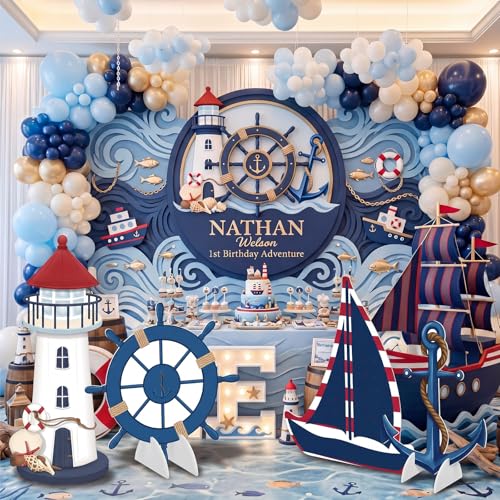 Image of 4 Pcs Nautical Stand Party Decorations Set with Sturdy Bases Big Yard Sign for Sailor Pirate Themed Party Beach Baby Shower, Photo Booth Props Indoor Outdoor