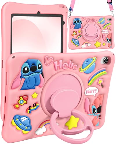 JoySolar for iPad 11th A16 Case 11 inch - for iPad 10th Gen 10.9 inch Soft Silicone Cute Cartoon Tablet Case with Rotating Stand & Detachable Shoulder Strap Shockproof for Kids Boys Girls Pink