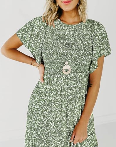 Image of Kranda Women 2025 Summer Fall Crewneck Short Sleeve Smocked Floral Maxi Dress