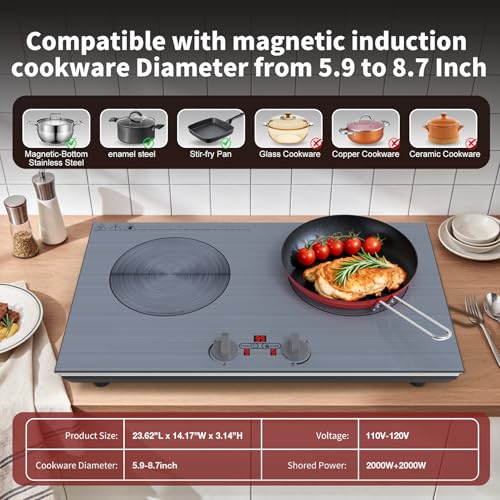 Image of GIHETKUT 2 burner Induction cooktop,110V 4000W induction hot plate with Brushed Panel,Knob Control,9 Power Levels, Kids Lock & Timer,LED touch control 2 burner induction cooker