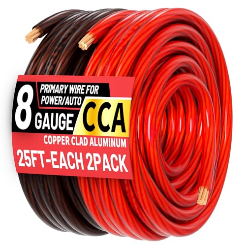 Energeaster 8 Gauge 25ft Each-Black/Red CCA Wire, Low Voltage Primary Automotive or Ground Cable, Battery Cable, 8AWG, Car Audio, RV, Car Amplifier Power, Amp Wiring Kit, Translucent Jacket
