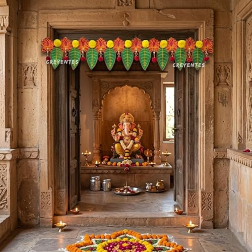Image of Pink Lotus & Mango Leaf Toran for Door, Hanging for Main Entrance, for Office,Temple,Diwali, Party (CS-30 Lotus TORAN)
