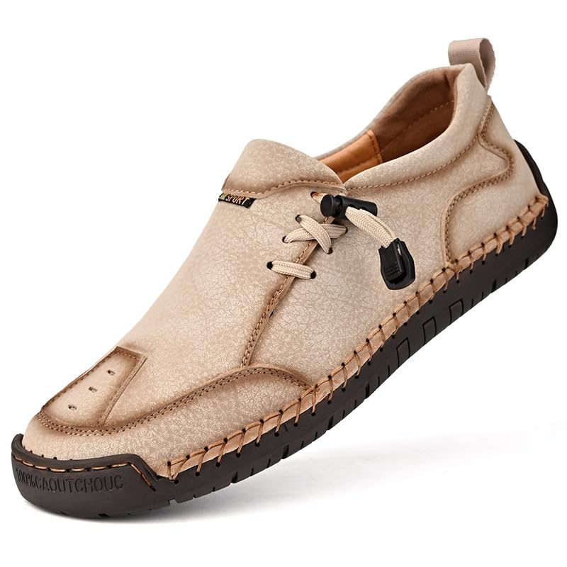 Men's Leather Hand Stitching Lace-Up Loafers Lightweight Breathable Round Toe Slip-On Flat Chukka Oxfords Driving Walking Shoes