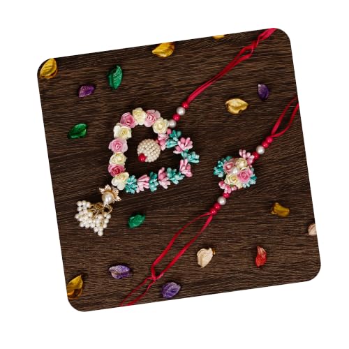 Image of eCraftIndia Diamonds, Pearls Floral Designer Bhaiya Bhabhi Rakhi Set with Roli Chawal Pack - for Brother, Bhaiya, Bhai - Lumba Rakhi for Bhabhi