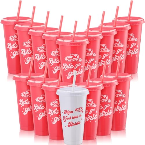 Suclain 16 Pcs Bachelorette Party Cowgirl Cups Reusable Cups 24 oz Bridesmaid Plastic Tumbler with Lids and Straws Let's Go Girls Party Pink White Water Bottle Bulk for Wedding Tableware Supplies by Suclain - Used condition - US$12.89
