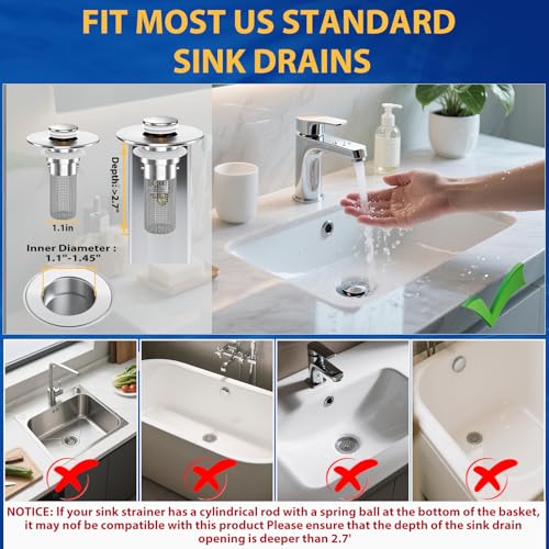 2PCS Bathroom Sink Stopper Strainer, Pop-Up Bathroom Sink Drain Strainer with Removable Stainless Steel Hair Catcher Basket, Universal Fit for US Bathroom Sinks, Bathtubs, Showers & Floor Drains - Image 5