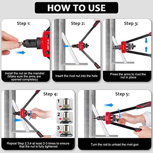 Wetols Rivet Nut Tool, Hand Rivet Nut Tool With 7 Metric & Inch Mandrels M6 M8 M10, 1/4-20, 5/16-18, 3/8-16, 70Pcs Rivnuts And Blow Carry Case - We-882 #TOP2