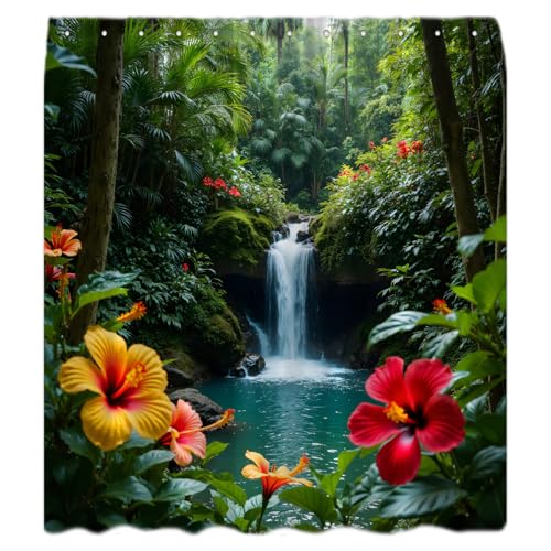 Tropical Rainforest Waterfall Shower Curtain Tropical Floral Leaves Green Plant Jungle Stream Nature Garden Scenery Decor Bathroom Curtains Set with Hooks