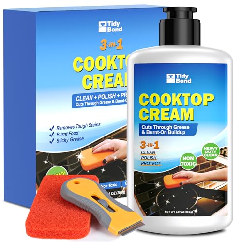 Image of Glass Cooktop Cleaner & Polish Kit – Heavy Duty Stove Top Cleaner with Scraper & Scrubbing Pad, Removes Burnt-On Food, Grease & Tough Stains, Safe for Induction, Electric & Ceramic Cooktops – 8.8 oz