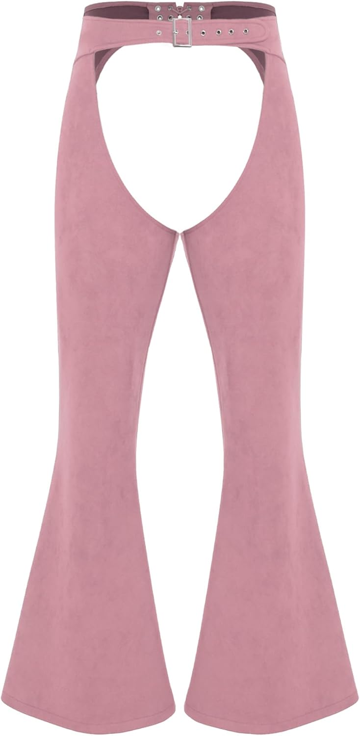 Women's Faux Suede Cowgirl Pants Adjustable Waist Cutout Bell Bottom Trousers Hippie Costume