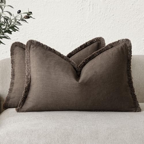 Image of Foindtower Set of 2 Decorative Linen Fringe Throw Pillow Covers Boho Farmhouse Cushion Cover with Tassels Lumbar Accent Pillowcase for Bed Couch Living Room Home Bedroom Decor,12x24 Inch,Reddish Brown