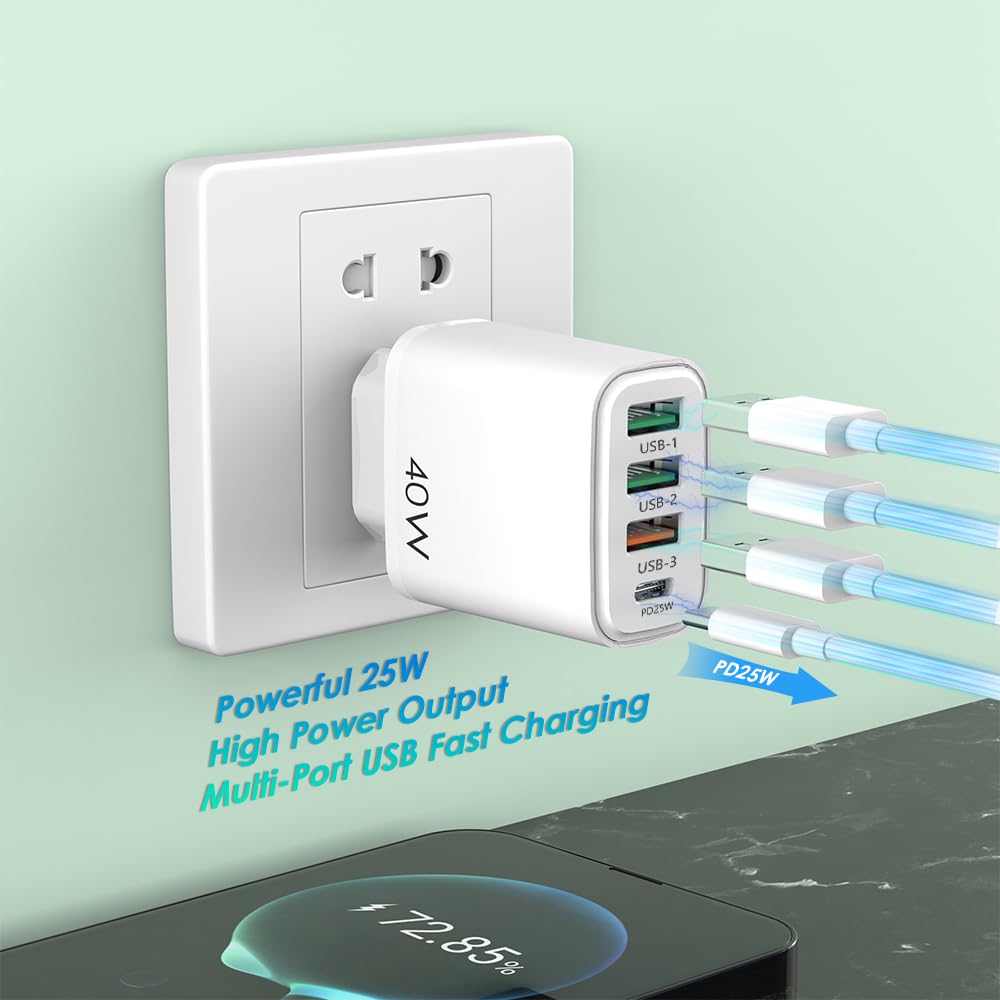 EU travel adapter charger, fast charging 1 USB C and 3 USB A European plugs, European wall adapter with 3 USBA port and 1 Type C ports, Compatible with fast charging of iPhone/Samsung and others — view 2
