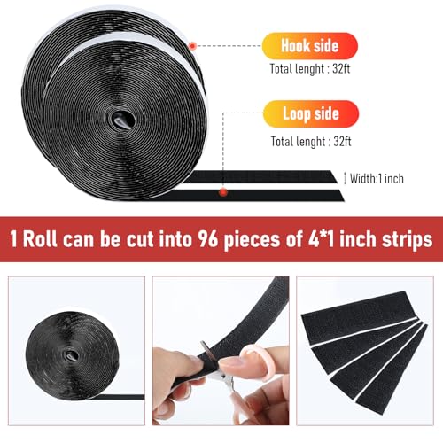 Image of 32Ft *1 Inch Hook and Loop Tape with Adhesive Back, Heavy Duty Double Sided Adhesive Strips, Strong Sticky Strips Roll for Home /Office /School /Car, Black